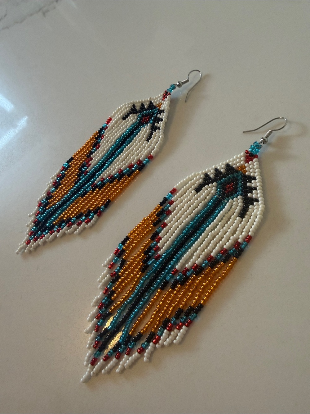 Handmade Beaded Fringe Earrings - White, Gold, Teal, Black & Red